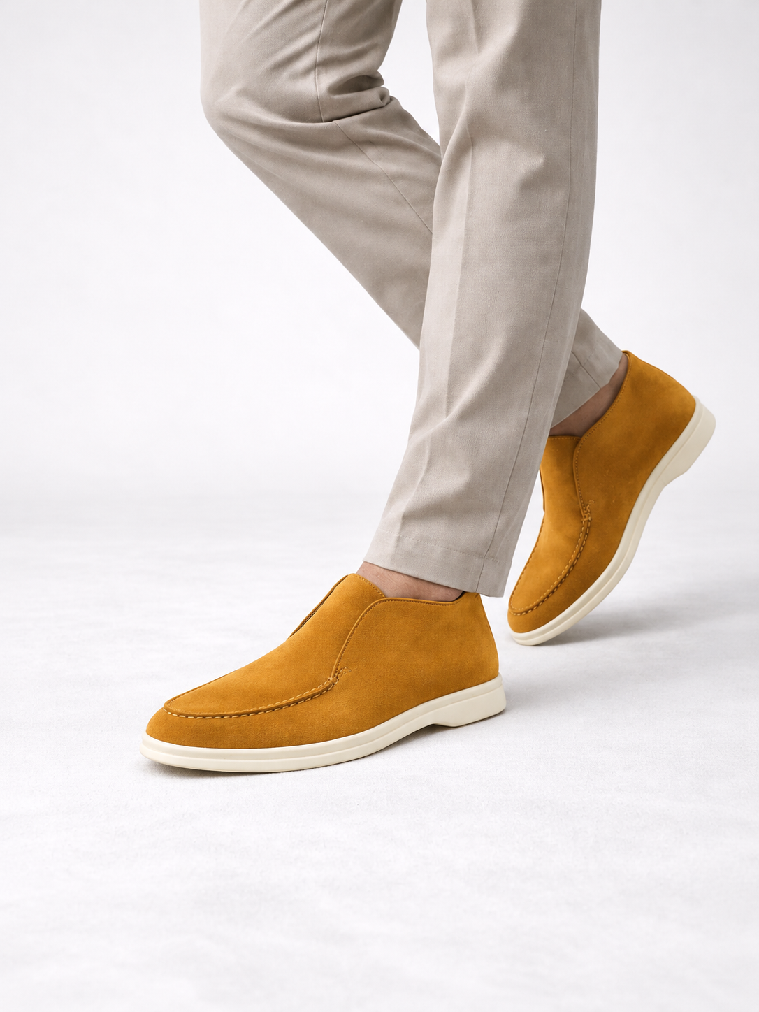 Men's Faux Suede Slip-On Ankle Loafers | Contrast White Sole