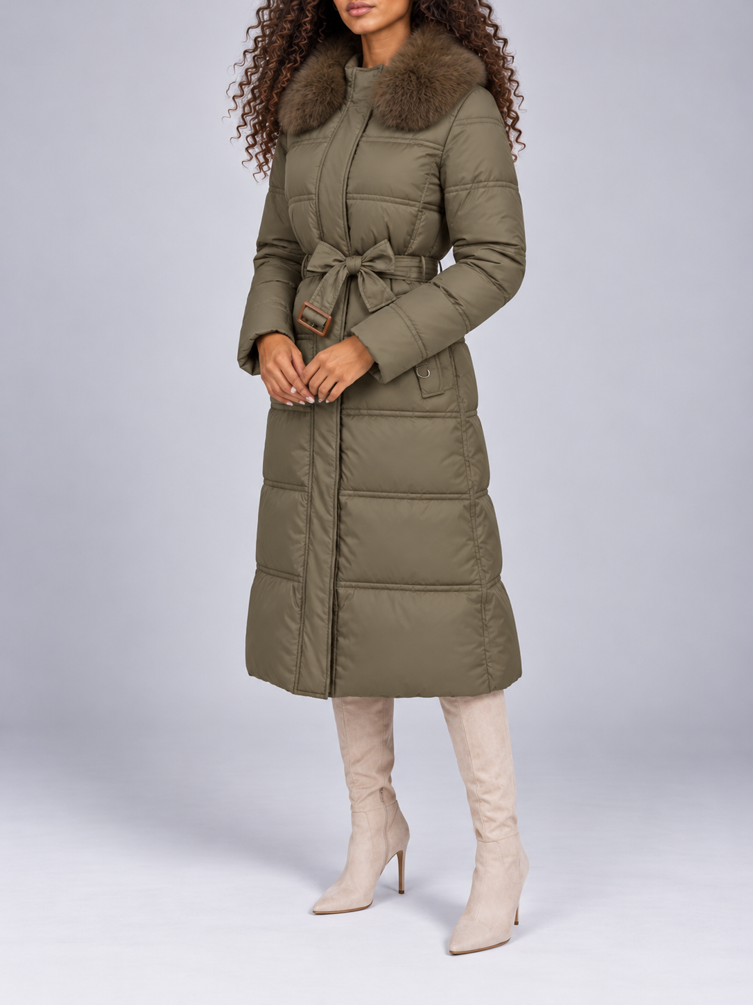 Women's Long Belted Puffer Coat | Faux Fur Collar