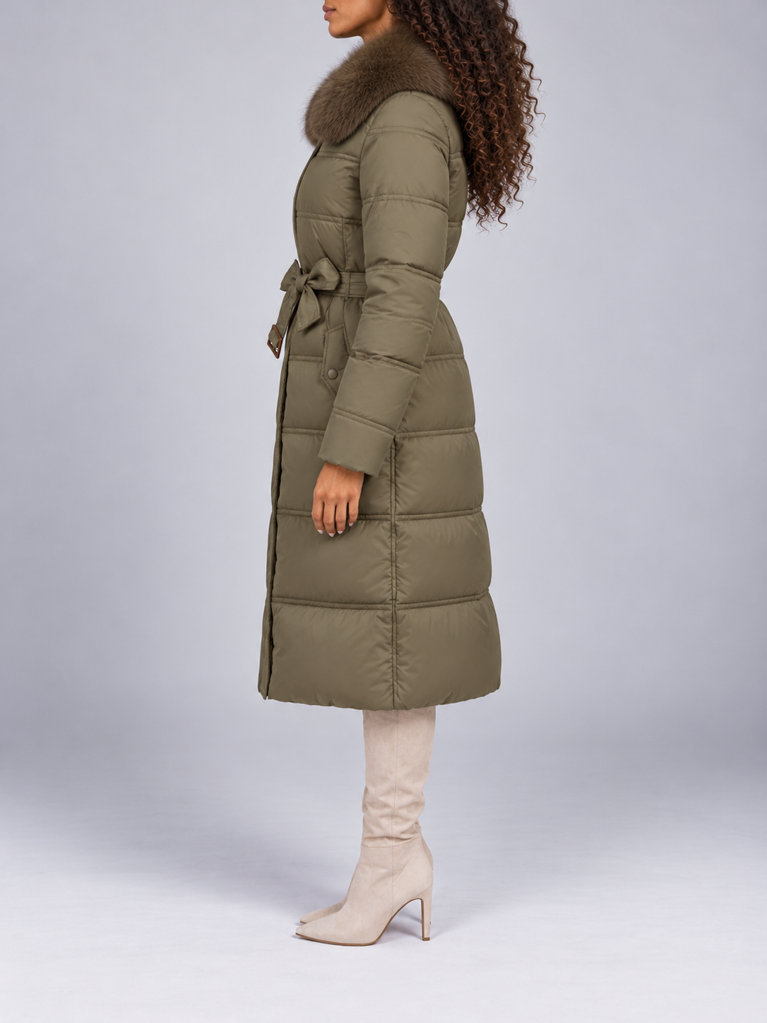 Women's Long Belted Puffer Coat | Faux Fur Collar