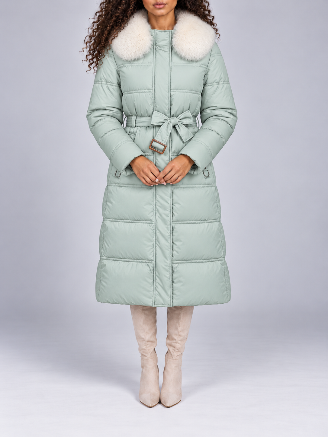 Women's Long Belted Puffer Coat | Faux Fur Collar
