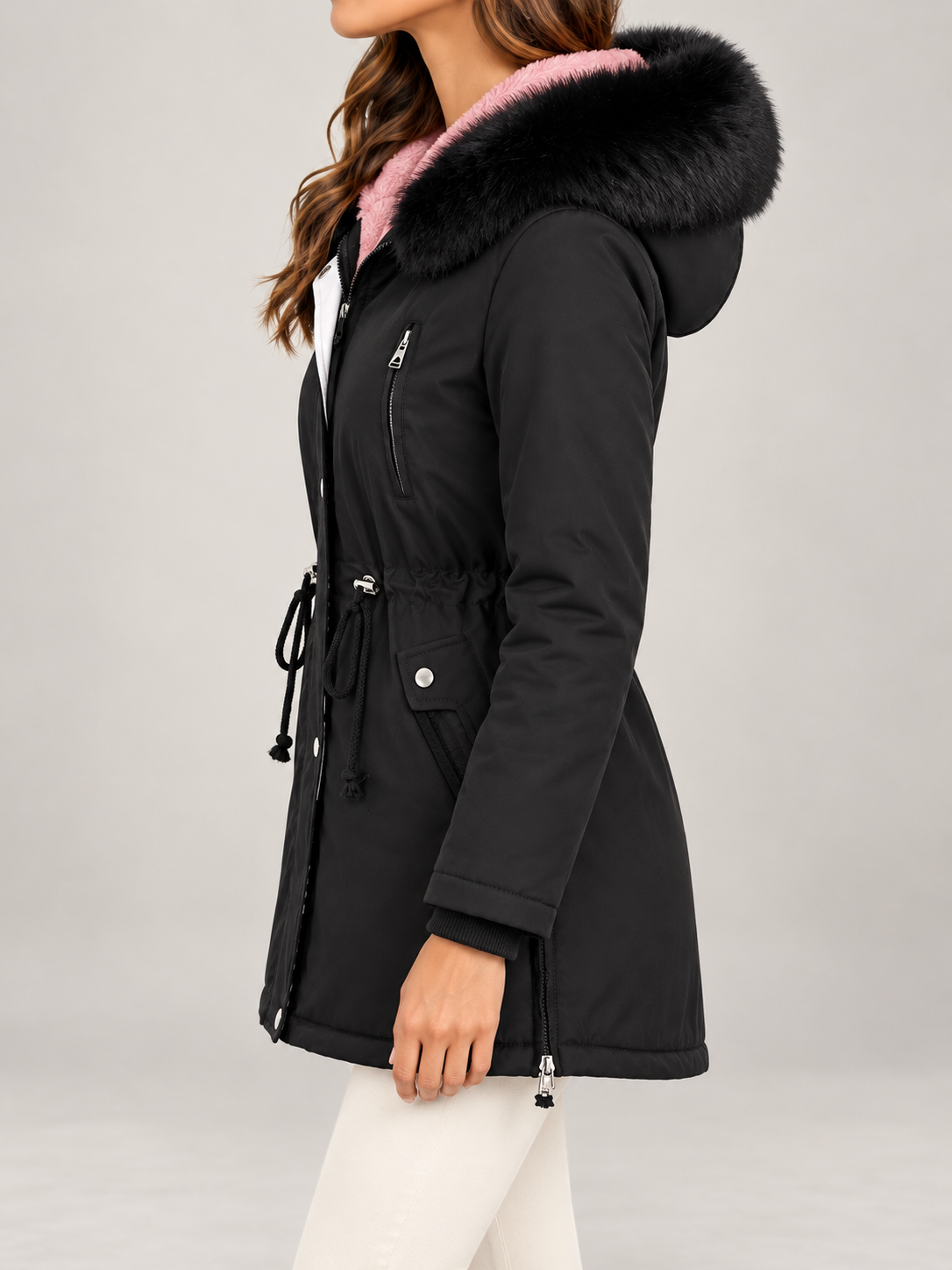 Women's Fleece Lined Hooded Parka | Faux Fur Trim, Drawstring Waist