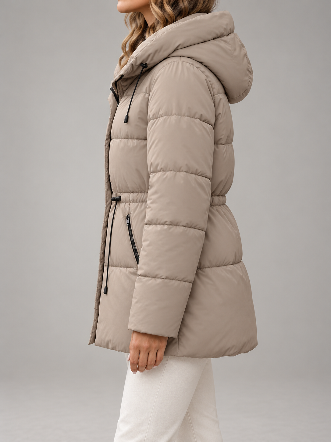 Women's Hooded Puffer Jacket | Drawstring Waist, Zip Pockets
