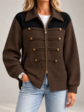 Women's Waffle Knit Military Jacket | Zip Front, Button Detail