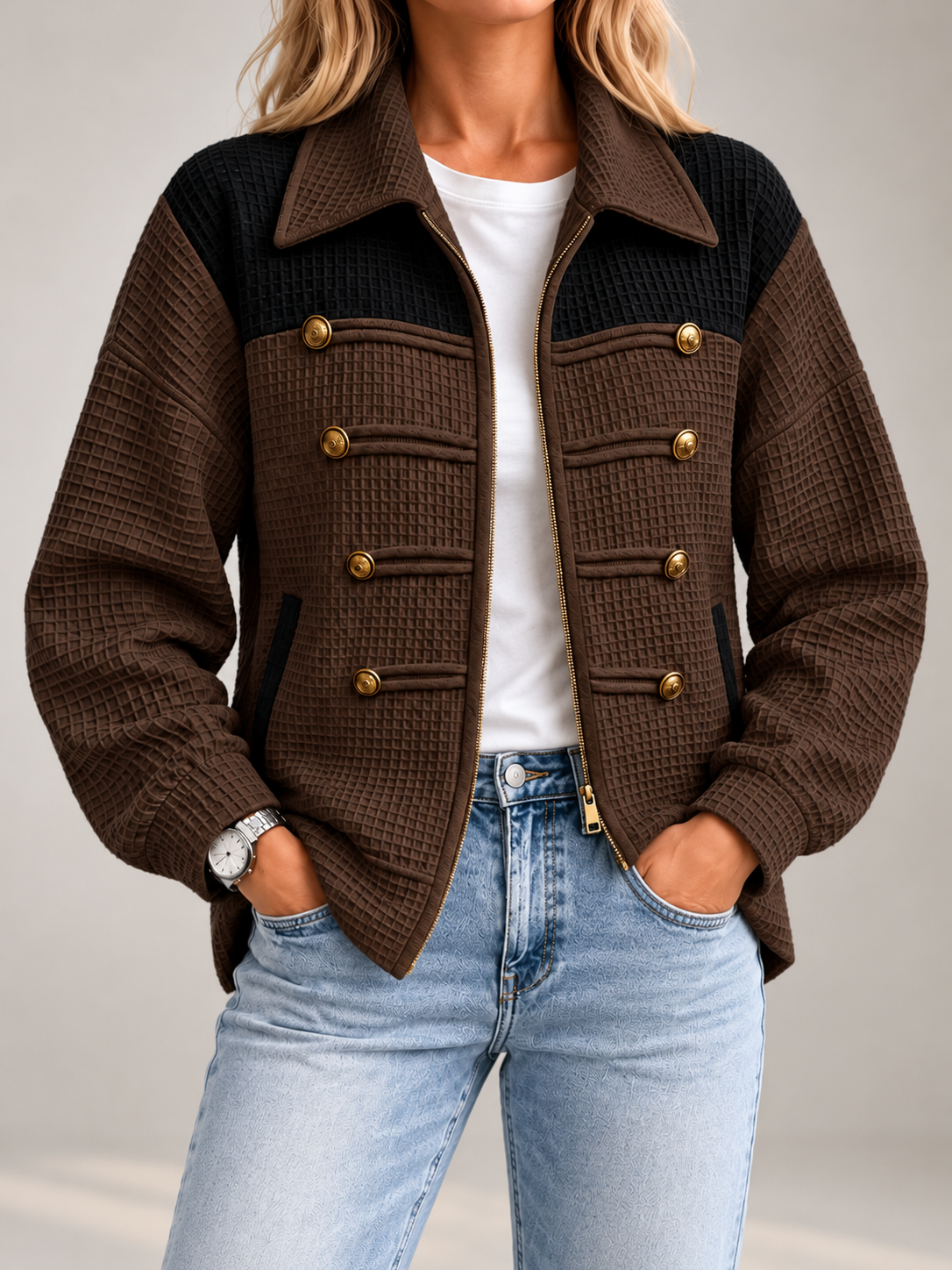 Women's Waffle Knit Military Jacket | Zip Front, Button Detail