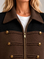 Women's Waffle Knit Military Jacket | Zip Front, Button Detail