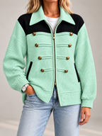 Women's Waffle Knit Military Jacket | Zip Front, Button Detail