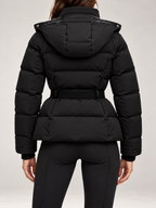 Women's Belted Ski Puffer Jacket | Stand Collar, Detachable Hood