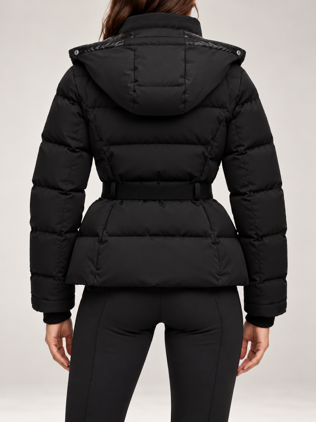 Women's Belted Ski Puffer Jacket | Stand Collar, Detachable Hood