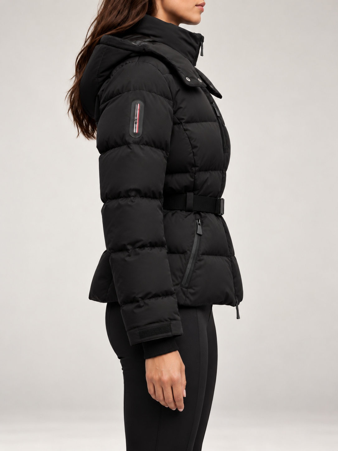 Women's Belted Ski Puffer Jacket | Stand Collar, Detachable Hood