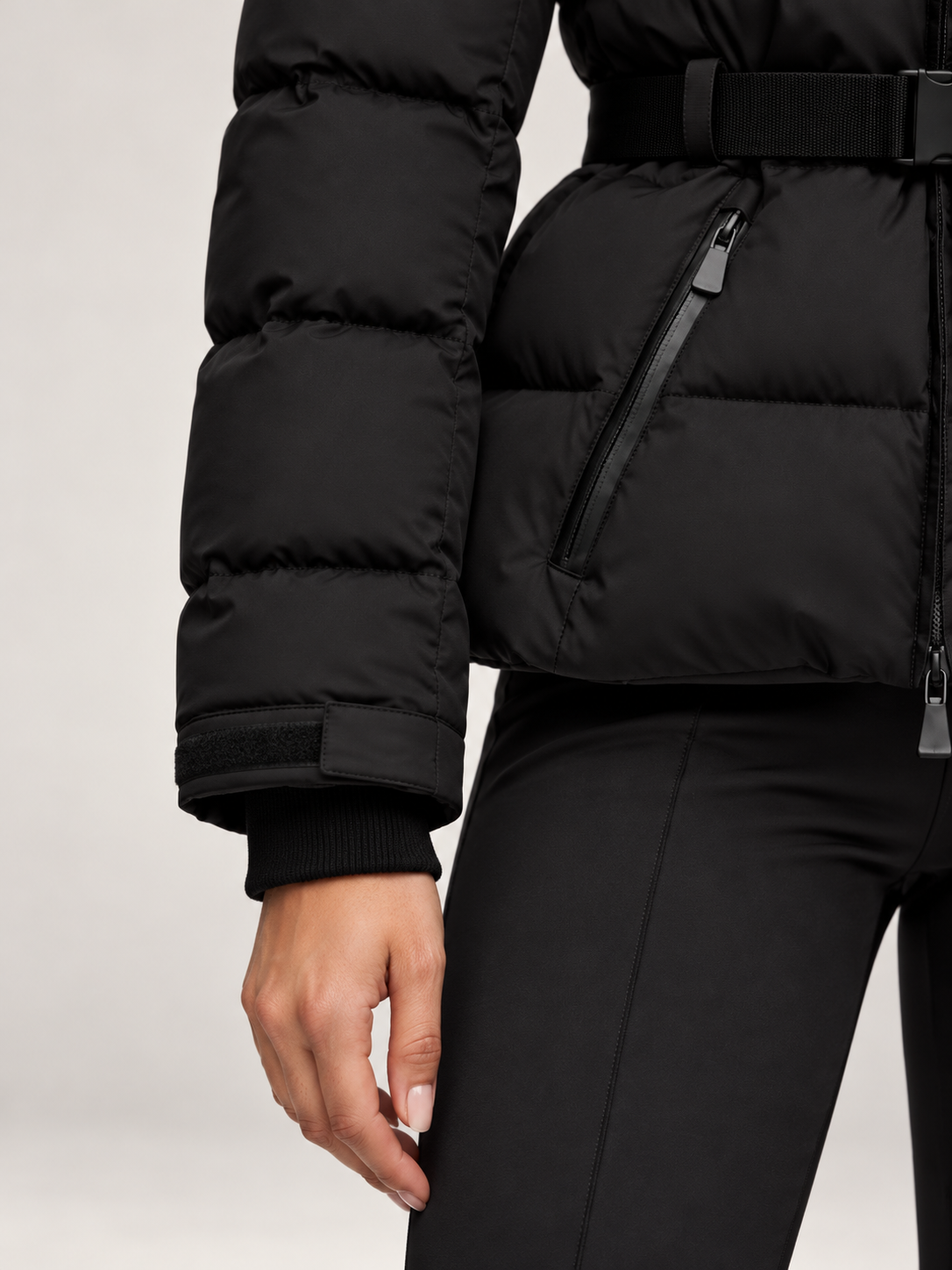 Women's Belted Ski Puffer Jacket | Stand Collar, Detachable Hood