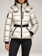 Women's Belted Ski Puffer Jacket | Stand Collar, Detachable Hood