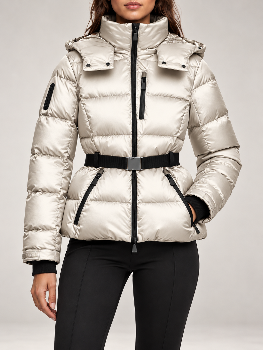 Women's Belted Ski Puffer Jacket | Stand Collar, Detachable Hood