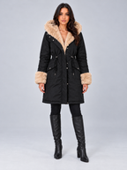Women's Faux Fur Trim Hooded Parka | Drawstring Waist, Fur Cuffs