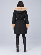 Women's Faux Fur Trim Hooded Parka | Drawstring Waist, Fur Cuffs