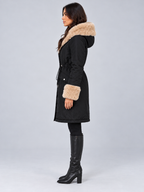 Women's Faux Fur Trim Hooded Parka | Drawstring Waist, Fur Cuffs