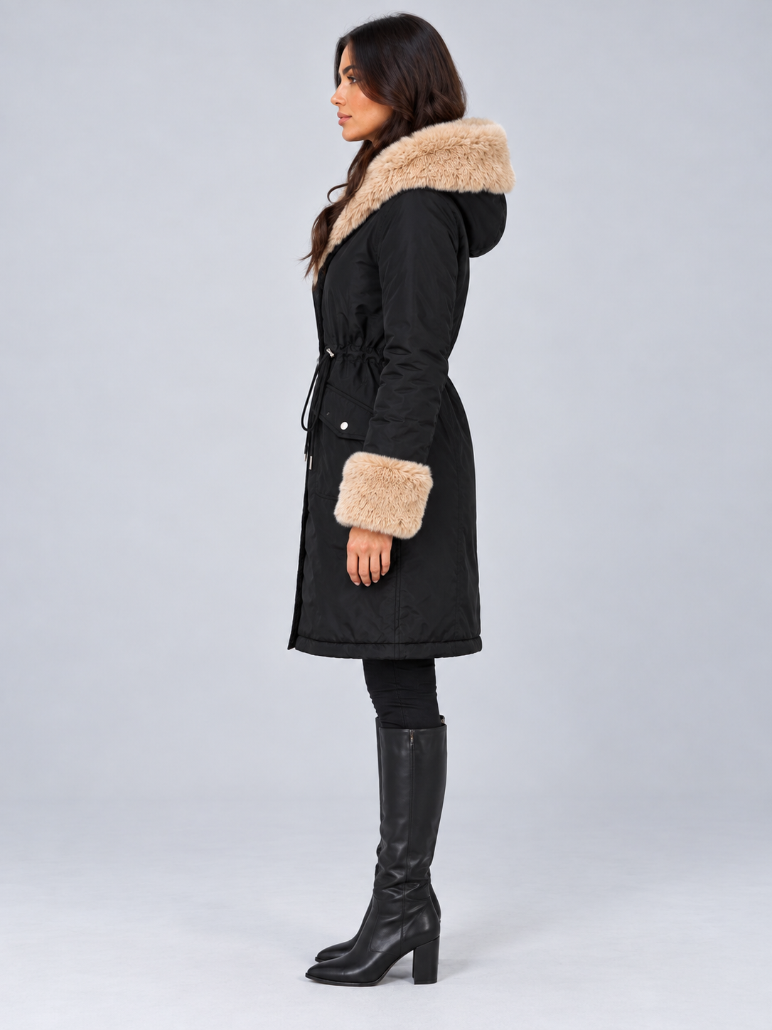 Women's Faux Fur Trim Hooded Parka | Drawstring Waist, Fur Cuffs