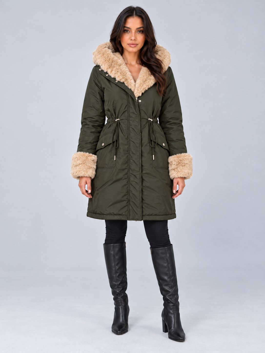 Women's Faux Fur Trim Hooded Parka | Drawstring Waist, Fur Cuffs