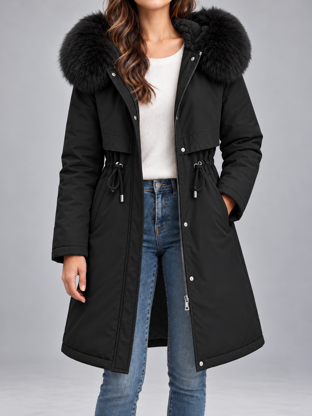 Women's Faux Fur Hood Padded Parka | Fleece Lined, Drawstring Waist