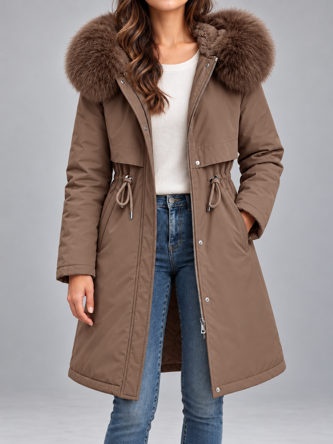Women's Faux Fur Hood Padded Parka | Fleece Lined, Drawstring Waist