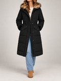 Women's Longline Hooded Puffer Coat | Faux Fur Trim Hood, Flap Pockets
