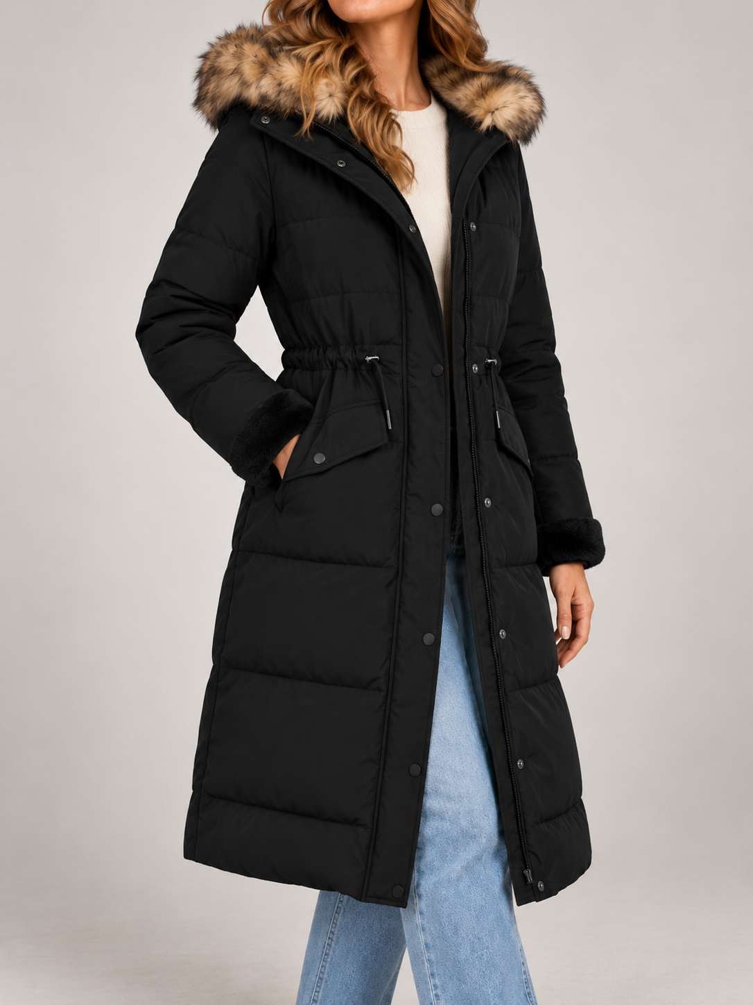 Women's Longline Hooded Puffer Coat | Faux Fur Trim Hood, Flap Pockets