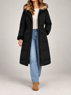 Women's Longline Hooded Puffer Coat | Faux Fur Trim Hood, Flap Pockets