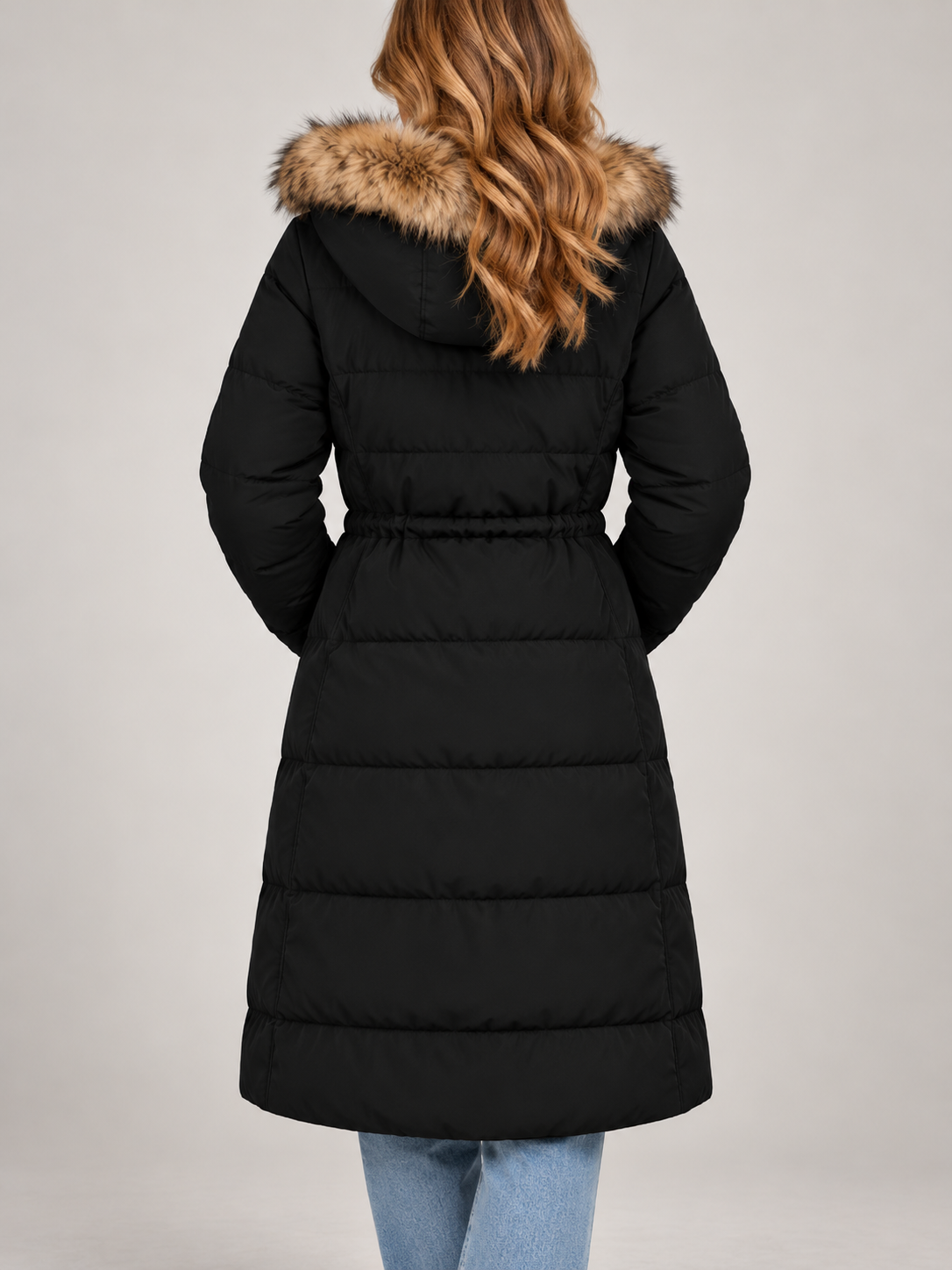 Women's Longline Hooded Puffer Coat | Faux Fur Trim Hood, Flap Pockets
