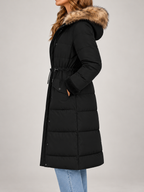 Women's Longline Hooded Puffer Coat | Faux Fur Trim Hood, Flap Pockets