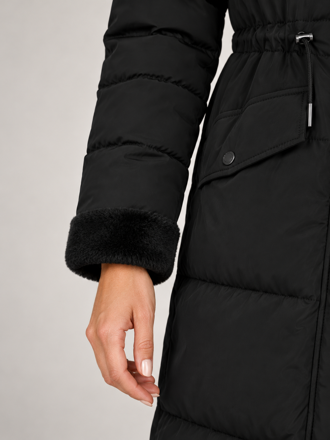 Women's Longline Hooded Puffer Coat | Faux Fur Trim Hood, Flap Pockets