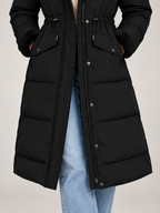 Women's Longline Hooded Puffer Coat | Faux Fur Trim Hood, Flap Pockets