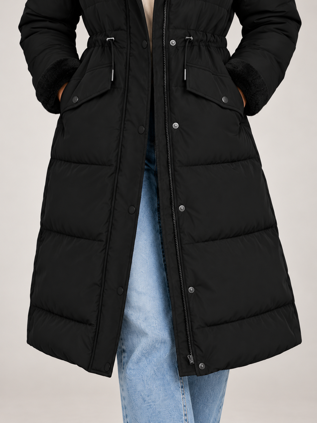 Women's Longline Hooded Puffer Coat | Faux Fur Trim Hood, Flap Pockets