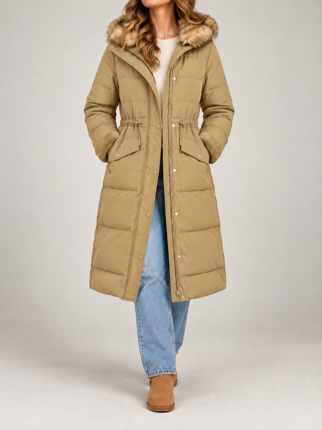 Women's Longline Hooded Puffer Coat | Faux Fur Trim Hood, Flap Pockets