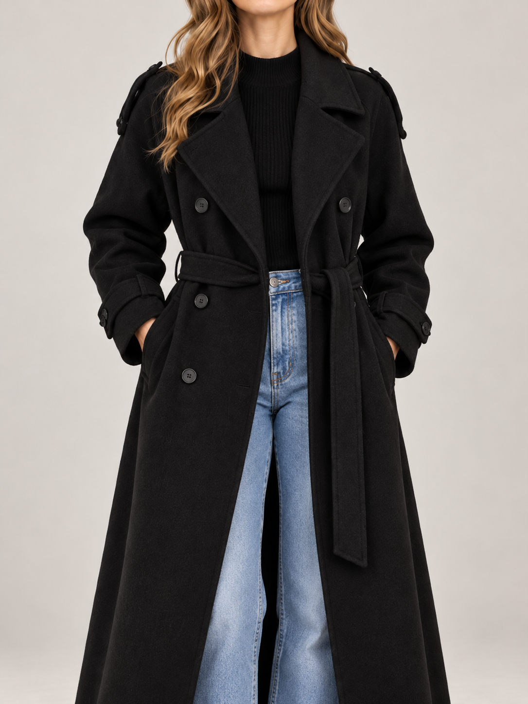 Women's Belted Wool-Blend Trench Coat | Double Breasted, Maxi Length