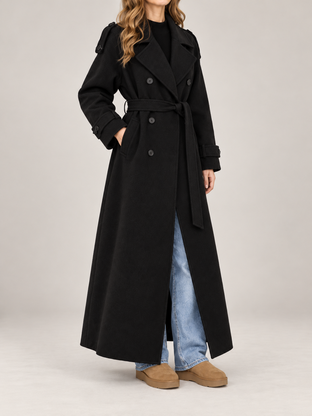 Women's Belted Wool-Blend Trench Coat | Double Breasted, Maxi Length