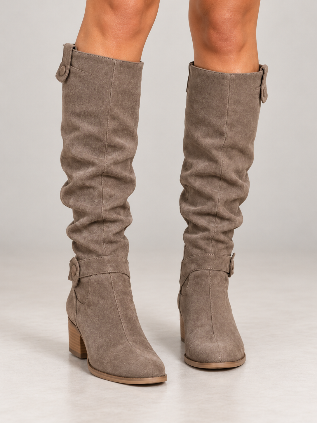 Women's Faux Suede Slouch Knee Boots | Buckle Cuff, Block Heel