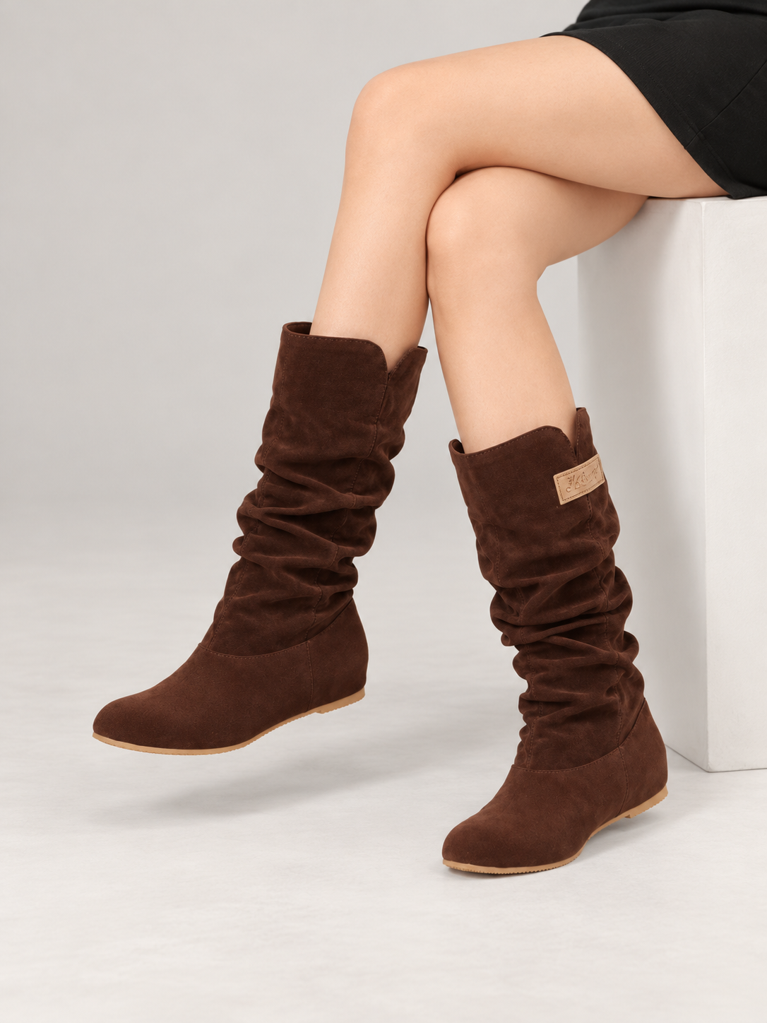 Women's Faux Suede Slouch Boots | Mid-Calf, Hidden Wedge