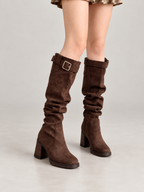 Women's Faux Suede Slouch Knee Boots | Block Heel, Buckle Strap