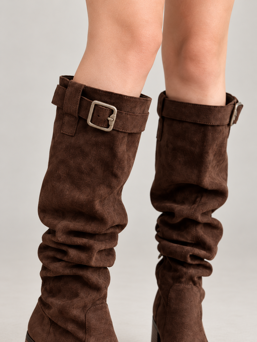 Women's Faux Suede Slouch Knee Boots | Block Heel, Buckle Strap