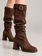Women's Faux Suede Slouch Knee Boots | Block Heel, Buckle Strap