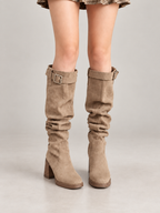 Women's Faux Suede Slouch Knee Boots | Block Heel, Buckle Strap