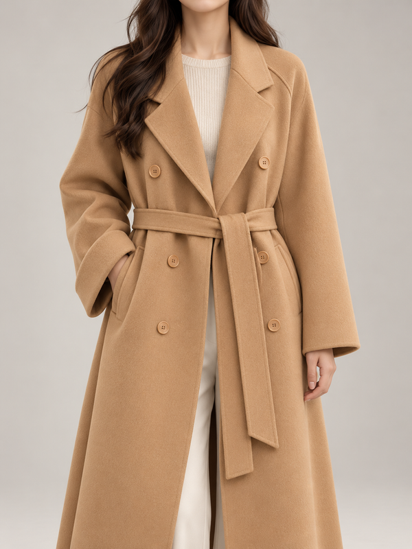 Women's Belted Wool-Blend Wrap Coat | Double Breasted, Notch Lapel