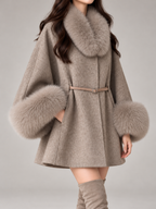 Women's Faux Fur Collar Cape Coat | Wool-Blend, Belted, Fur Cuffs