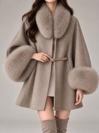 Women's Faux Fur Collar Cape Coat | Wool-Blend, Belted, Fur Cuffs
