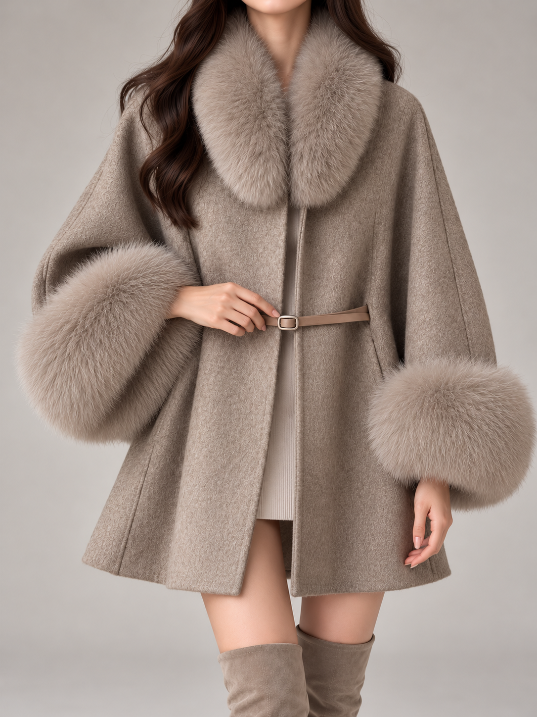 Women's Faux Fur Collar Cape Coat | Wool-Blend, Belted, Fur Cuffs