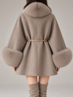 Women's Faux Fur Collar Cape Coat | Wool-Blend, Belted, Fur Cuffs