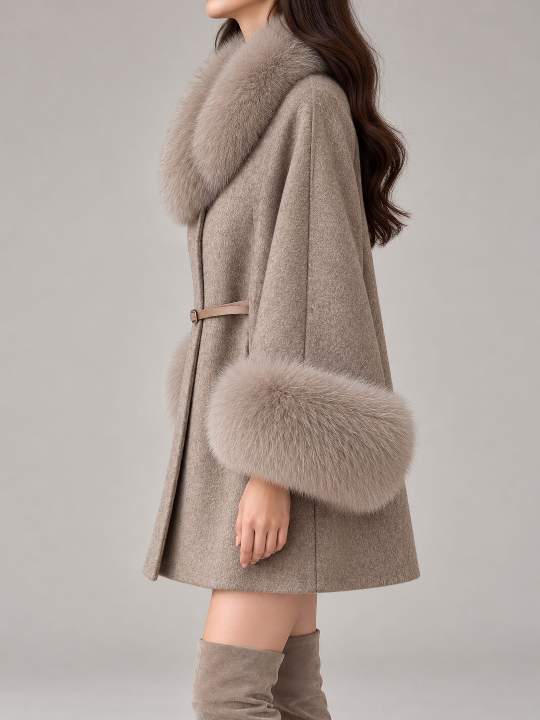 Women's Faux Fur Collar Cape Coat | Wool-Blend, Belted, Fur Cuffs