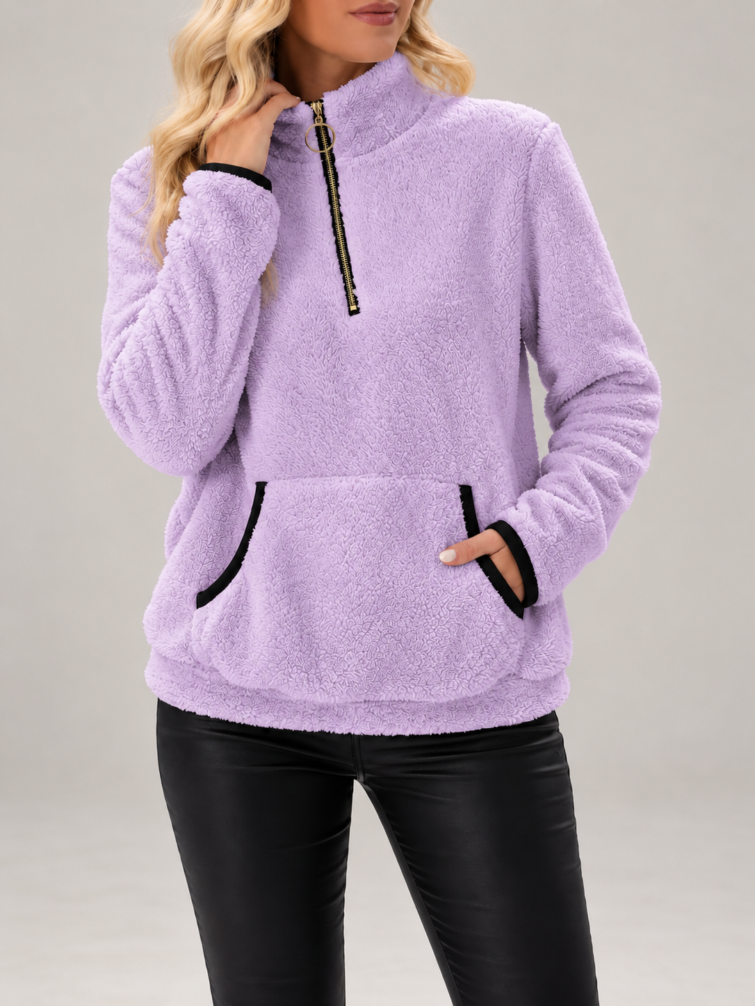 Women's Teddy Fleece Half-Zip Sweatshirt | Funnel Neck, Kangaroo Pocket