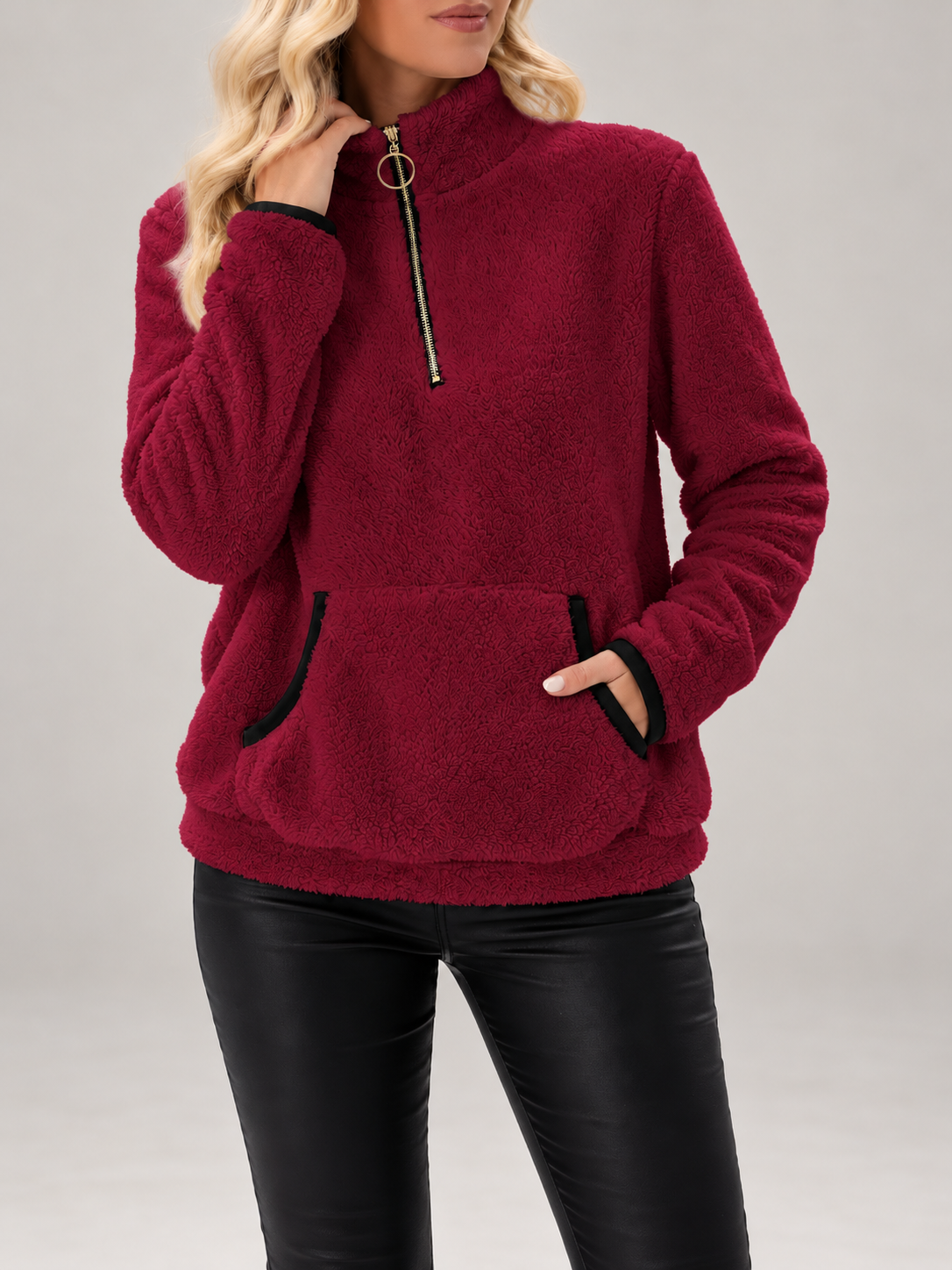 Women's Teddy Fleece Half-Zip Sweatshirt | Funnel Neck, Kangaroo Pocket