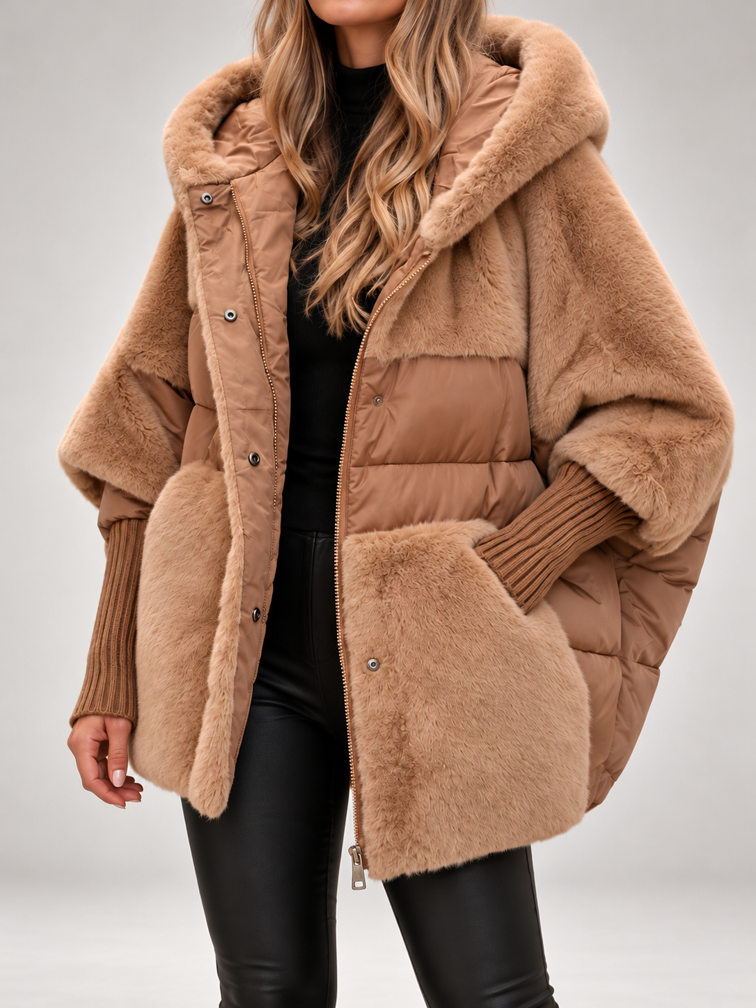 Women's Faux Fur Panel Hooded Puffer Jacket | Ribbed Cuffs, Oversized