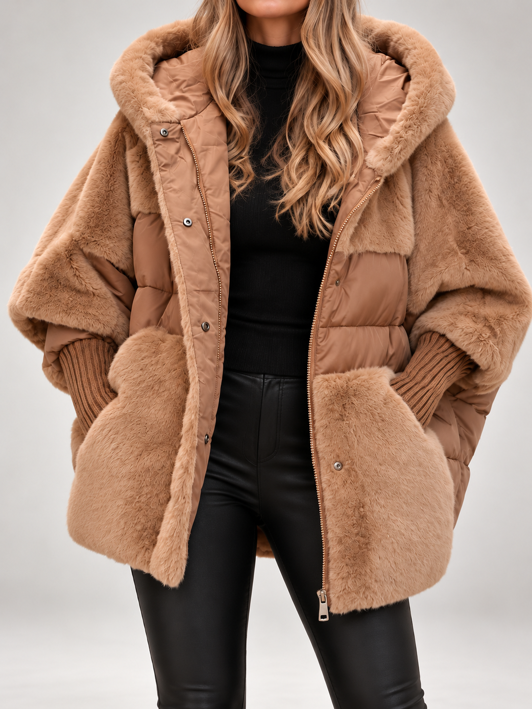 Women's Faux Fur Panel Hooded Puffer Jacket | Ribbed Cuffs, Oversized